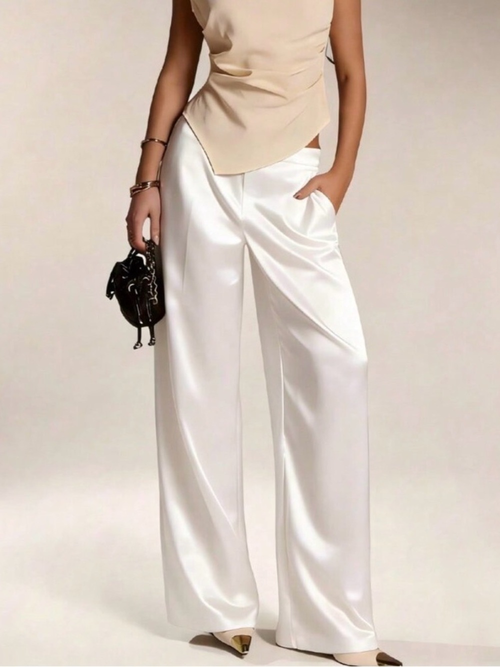 NWT White Elegant Women's Satin Silk Pants with Pockets and Zipper